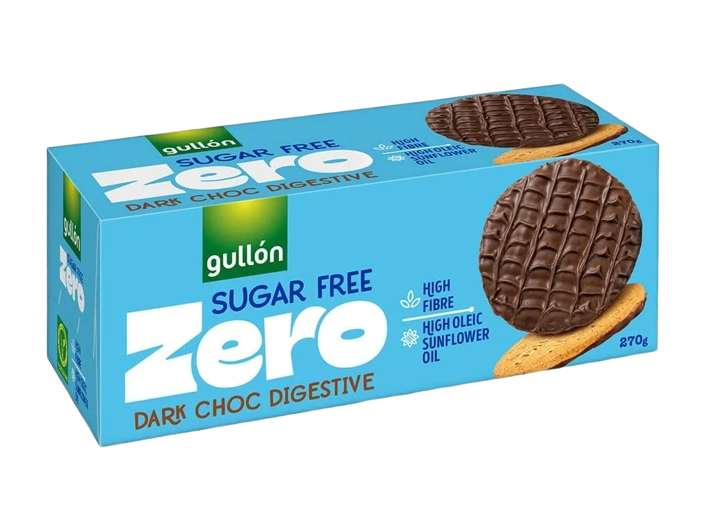 Digestive teljes kiőrlésű kekszek, sötét csokoládéba félig mártva, cukormentes, édesítőszerekkel, 270 g