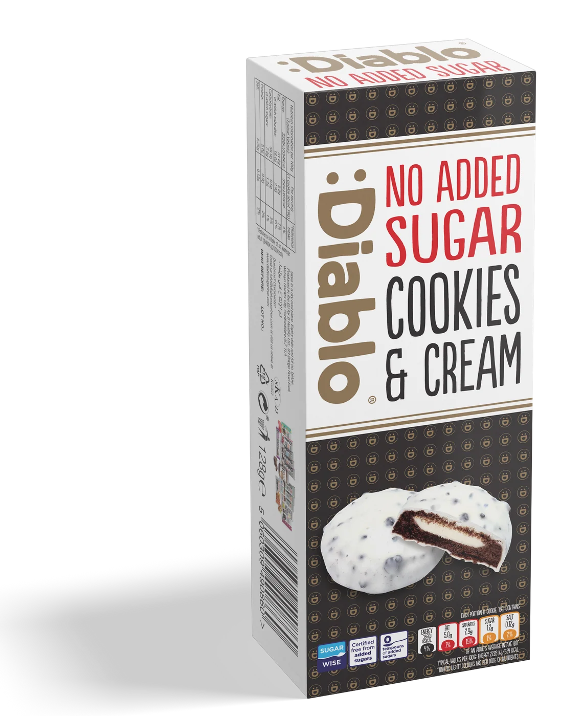 Cookies & Cream keksz tejkrémmel, fehér bevonattal, hozzáadott cukor nélkül, 128 g